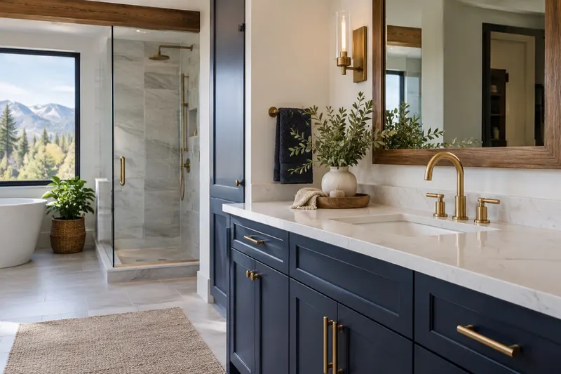 Illustrative bathroom with a stone sink and brass fixtures